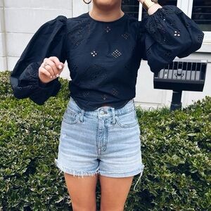 Black Puff Sleeve Eyelet Top
